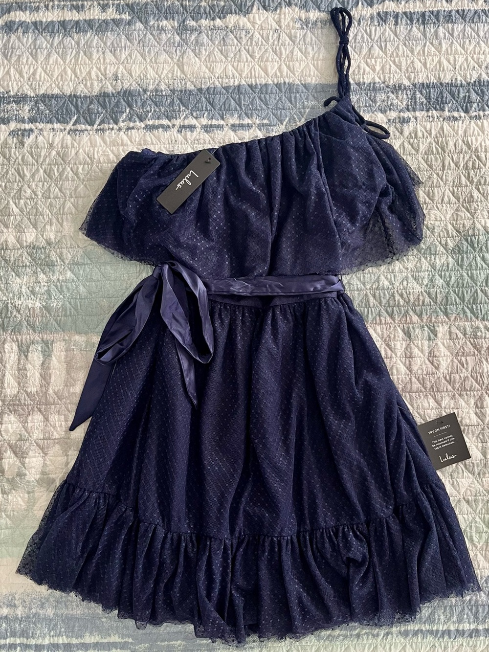 NWT LULU'S Navy One-Shoulder Ruffled Mesh Dress w/ Satin Waist Tie 10071